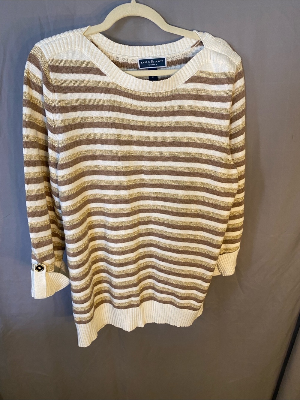 Karen Scott Cream and Tan Striped Scoopneck Sweater with Button Cuffs